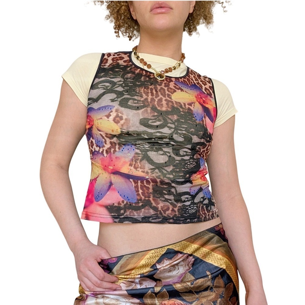 Express Vintage Y2K Whimsgoth Grunge Embellished Lace Floral Cheetah Tank Top